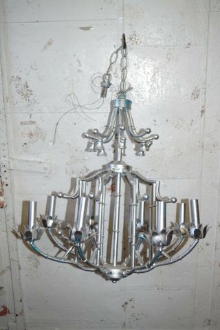 Vintage Faux Bamboo Tole Metal Chandelier Pagoda Palm Beach Light 3