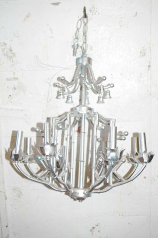 Vintage Faux Bamboo Tole Metal Chandelier Pagoda Palm Beach Light 7