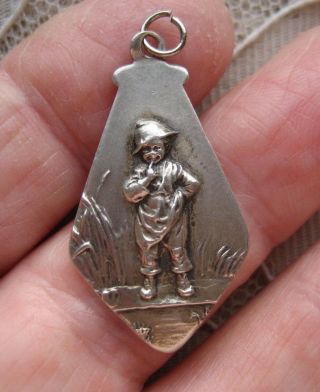 Antique Art Nouveau 800 Silver German Charm W Boy Looking In Pond To Catch Frog