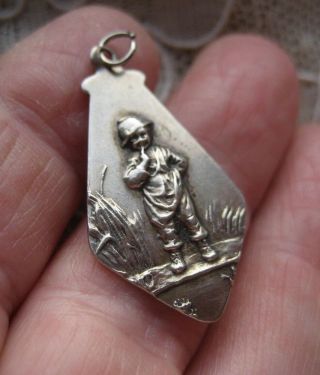 Antique Art Nouveau 800 Silver German Charm w Boy looking in Pond to catch Frog 2