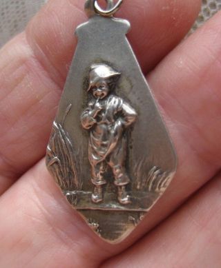 Antique Art Nouveau 800 Silver German Charm w Boy looking in Pond to catch Frog 3