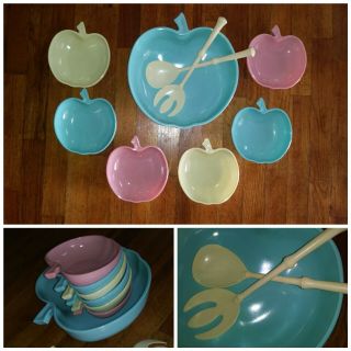 Htf Vintage Hazel Atlas Orchardware Milk Glass Apple Bowl Set Salad 1960s