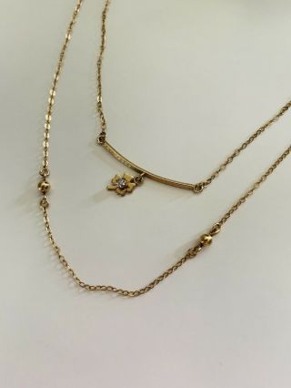 14k Yellow Gold Clover Layer Necklace With Diamond - Vintage