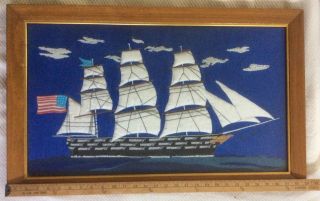 Vintage Framed Embroidered Sail Ship Boat Paragon Needlecraft 29” X 18” Folk Art