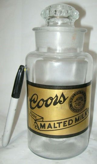 Vintage 1qt Coors Malted Milk Soda Fountain Glass Stoppered Glass Jar Golden Co
