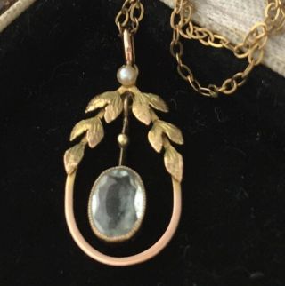 Vintage Jewellery Edwardian 9ct Gold,  Aquamarine & Real Pearl Pendant With Chain