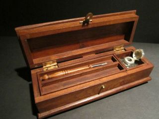 Antique Vintage Style Wood Inkwell Writing Box Pen Desk Set W Inkwell & Pen