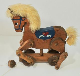 Vintage Wood Pull Along Horse With Ball Pull Euc