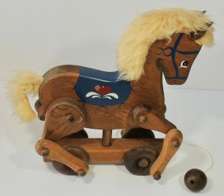 Vintage Wood Pull Along Horse With Ball Pull EUC 3