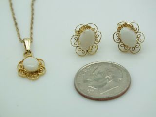 Vintage To Now 14k Demi Parure Gold & Opal Pendant Necklace Pierced Earrings