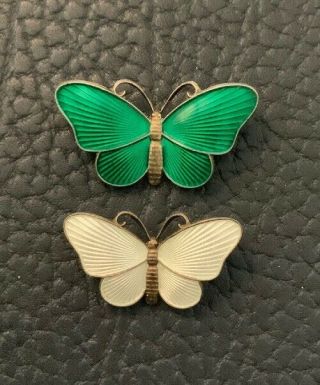2 Vintage Ivar Holth Norway Sterling Guilloche Enamel Butterfly Brooch Pins