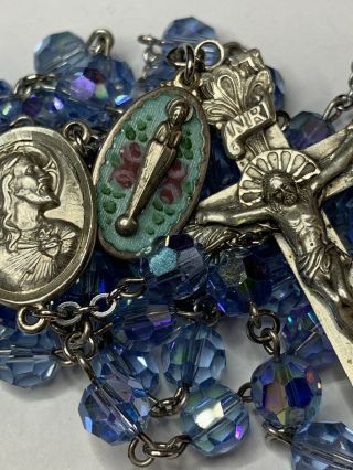 † Scarce Vintage Guilloche Enamel Medal & Sterling Blue Rosary Necklace 33 " †