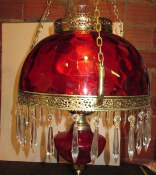 Vtg Ruby Red Glass Plastic Brass Hanging Hurricane Lamp Ceiling Fixture Prisms