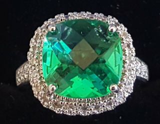 Silver Plate & Large Green Stone Vintage Art Deco Antique Ring - Size R 1/2