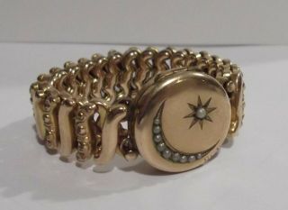 Vtg Carmen Wwii Sweetheart Expansion Locket Bracelet W/ Moon Star & Seed Pearls