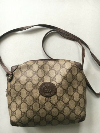 Vtg Authentic Gucci Monogram Gg Brown Leather Shoulder Purse Bag