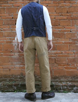 BRONSON LOT950 Men ' s Work Vest Vintage Casual Indigo Stripe Railway Waistcoat SP 7