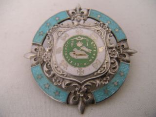 Antique Sterling Silver Guilloche Enamel Pin Brooch Puerto Rico Coat Of Arms