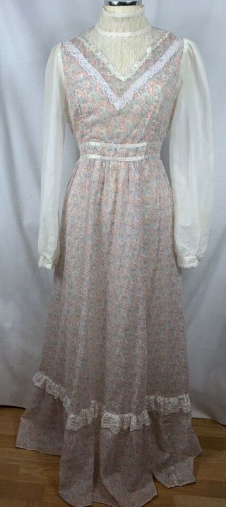 Vtg Gunne Sax Dress Sz 13 Floral Lace Prairie Hippy Victorian Wedding Maxi