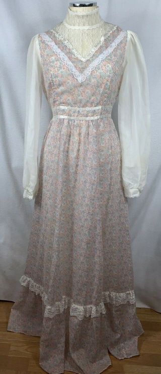 Vtg GUNNE SAX Dress Sz 13 Floral Lace Prairie Hippy Victorian Wedding Maxi 2