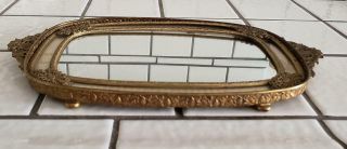 Vintage Apollo Ormolu Oval Mirror Vanity Dresser Gold Filigree Perfume Old Tray 5
