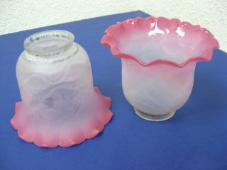 Pair Vtg Cranberry Tiffin Cameo Glass Lampshades