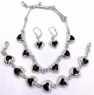 Vintage Mexico Sterling Silver Enamel Heart Parure Set Necklace Earring Bracelet