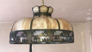 Vintage Slag Glass Hanging Ceiling Chandelier Lamp Cast metal Pyramid Scene 5