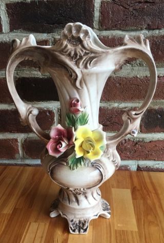 Capodimonte Large Tall Vintage Handled Urn Mantel Vase Floral Design Made Italy