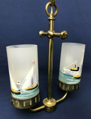 Nautical Vintage Brass Anchor Light Hand Painted Sail Boats Ocean Glass Shades