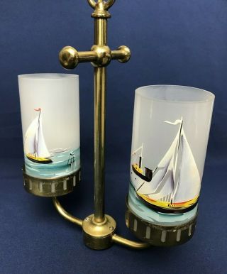 Nautical Vintage Brass Anchor Light Hand Painted Sail Boats Ocean Glass Shades 2