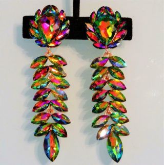 Vtg Oscar De La Renta 3.  6 " Watermelon Glass Jewel Leaf Drop Runway Clip Earrings