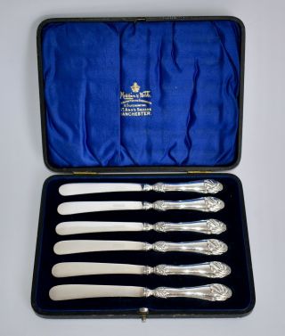 Antique 1906 Boxed Set Of 6 Mappin & Webb Sterling Silver Butter Knives Acanthus