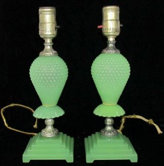 Vintage Houzex Houze Jadite Lamps Label Green Hobnail Depression Glass