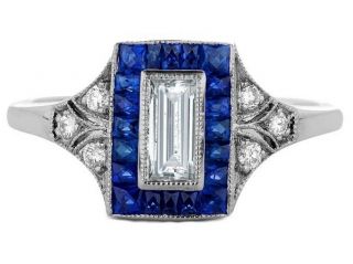 Straight Baguette Art Deco Engagement Ring In 925 Sterling Silver