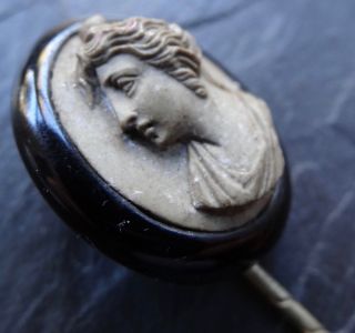 Antique Victorian Whitby Jet Carved Lava Cameo Lady Stick Pin Brooch - D125