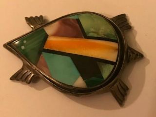 Vintage Signed Navajo Frank Yellowhorse Multi - Stone Sterling Silver Turtle Pin