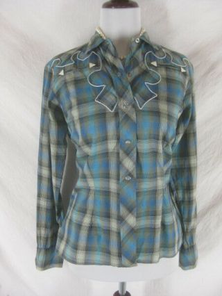 Vtg 50s 60s H Bar C California Ranchwear Womens Vintage Blue Plaid Ls Shirt