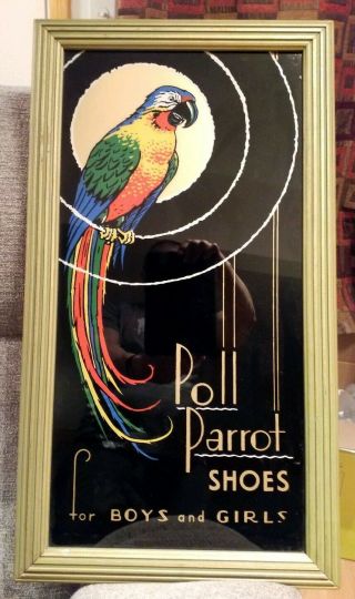 Vintage Art Deco Poll Parrot Shoes Reverse Painted Advertising Sign