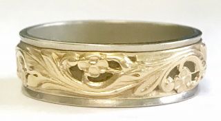 Attractive Vintage Art Carved 14k Two Tone Gold Wreathed 7 Mm Band,  Size 11