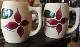2 Vintage Watt Pottery Barrel Mugs Four Petal Star Flower Pattern 501