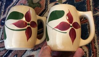 2 Vintage Watt Pottery Barrel Mugs Four Petal Star Flower Pattern 501 5