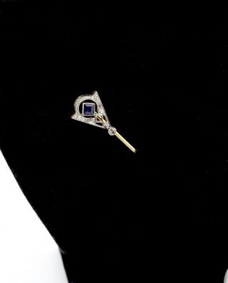 Antique Art Deco 14k Solid Gold Platinum Top Sapphire Diamond Stick Pin
