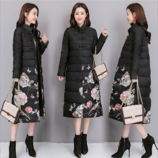 Fashion Vintage Chinese Style Cotton Coat Women Winter Long Printed Padded Parka