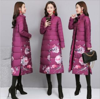 Fashion Vintage Chinese Style Cotton Coat Women Winter Long Printed Padded Parka 3