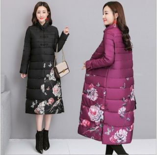 Fashion Vintage Chinese Style Cotton Coat Women Winter Long Printed Padded Parka 5
