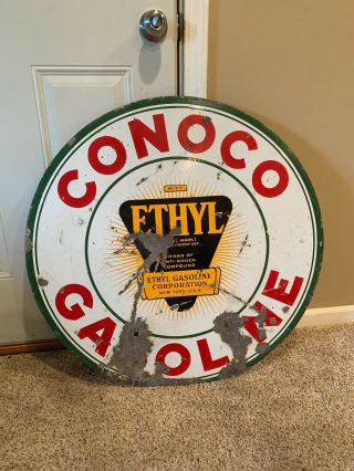 Rare Porcelain Conoco Gasoline Sign Ethyl Double Sided Gas Oil 30”