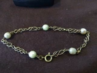 Vintage Signed Uno - A - Erre Italy 14k Solid Gold 9 " Bracelet - 5 Pearls