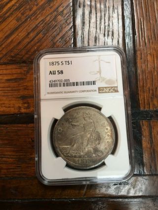 Rare 1875 - S Silvertrade Dollar Ngc Au 58 Almost Uncirculated