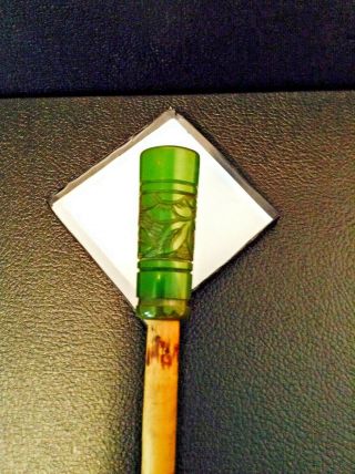 Rare Vintage Cane Walking Stick Jade Green Carved Floral / Leaf Bakelite Handle